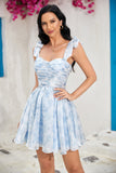 Cute A Line Spaghetti Straps Blue Printed Short Formal Dress