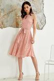 Halter Keyhole Belted Lace Dress