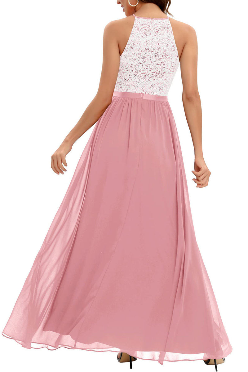 Load image into Gallery viewer, A Line Halter Blush Long Bridesmaid Dress with Lace