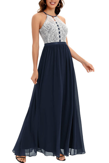 A Line Halter Navy Long Formal Dress with Lace