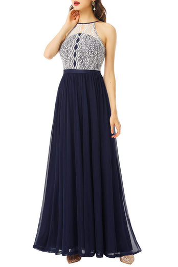 A Line Halter Navy Long Formal Dress with Lace