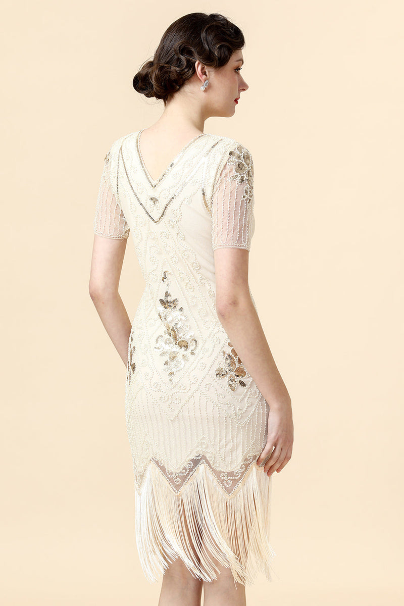 Load image into Gallery viewer, Champagne Sequins Fringed Flapper Dress with 20s Accessories Set