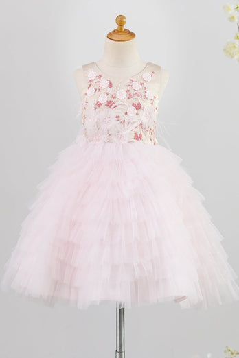 Embroidery Pink Flower Girl Dress with Feather