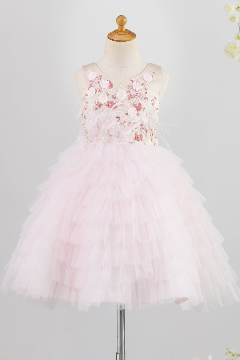 Load image into Gallery viewer, Embroidery Pink Flower Girl Dress with Feather