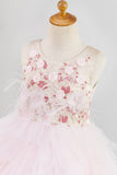 Embroidery Pink Flower Girl Dress with Feather