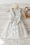 Grey Lace Flower Girl Dress with Bow