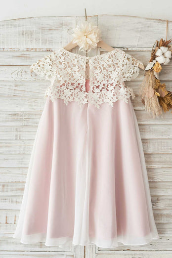 Round Neck Light Pink Flower Girl Dress with Lace