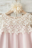 Round Neck Light Pink Flower Girl Dress with Lace