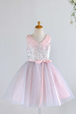 V Neck Pink Flower Girl Dress with Sequins