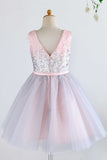 V Neck Pink Flower Girl Dress with Sequins