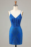 Sparkly Royal Blue Beaded Spaghetti Straps Tight Short Formal Dress