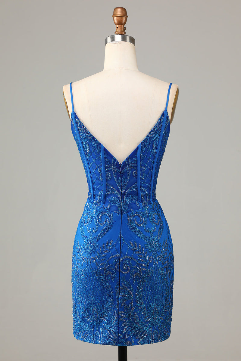 Load image into Gallery viewer, Sparkly Royal Blue Beaded Spaghetti Straps Tight Short Formal Dress