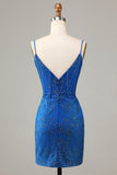 Sparkly Royal Blue Beaded Spaghetti Straps Tight Short Formal Dress