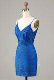 Sparkly Royal Blue Beaded Spaghetti Straps Tight Short Formal Dress