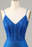 Sparkly Royal Blue Beaded Spaghetti Straps Tight Short Formal Dress