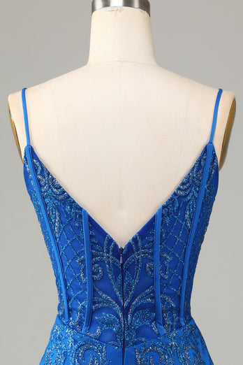 Sparkly Royal Blue Beaded Spaghetti Straps Tight Short Formal Dress