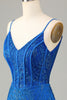 Load image into Gallery viewer, Sparkly Royal Blue Beaded Spaghetti Straps Tight Short Formal Dress