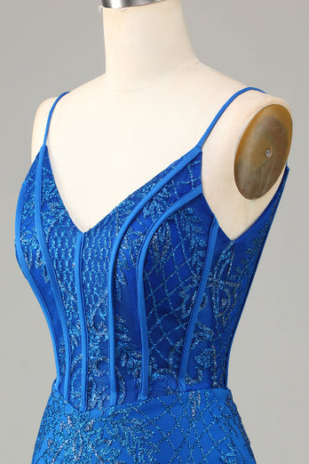 Sparkly Royal Blue Beaded Spaghetti Straps Tight Short Formal Dress