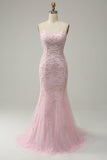 Mermaid Spaghetti Straps Light Pink Long Formal Dress with Appliques