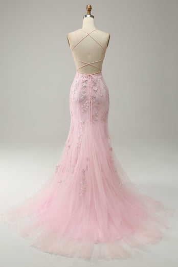 Mermaid Spaghetti Straps Light Pink Long Formal Dress with Appliques