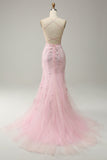 Mermaid Spaghetti Straps Light Pink Long Formal Dress with Appliques