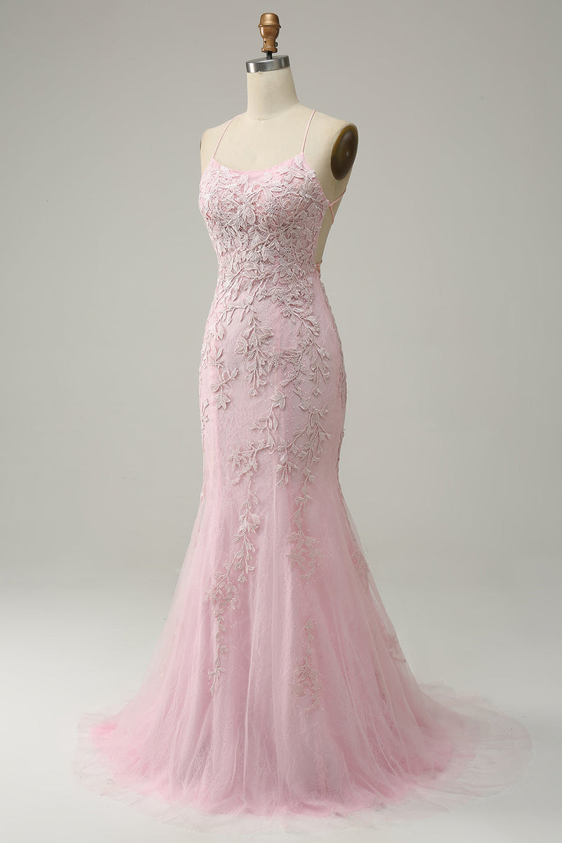 Load image into Gallery viewer, Mermaid Spaghetti Straps Light Pink Long Formal Dress with Appliques