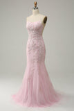 Mermaid Spaghetti Straps Light Pink Long Formal Dress with Appliques