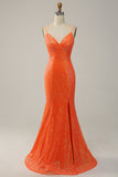 Mermaid Spaghetti Straps Orange Sequins Formal Dress with Split Front