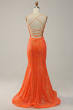 Mermaid Spaghetti Straps Orange Sequins Formal Dress with Split Front