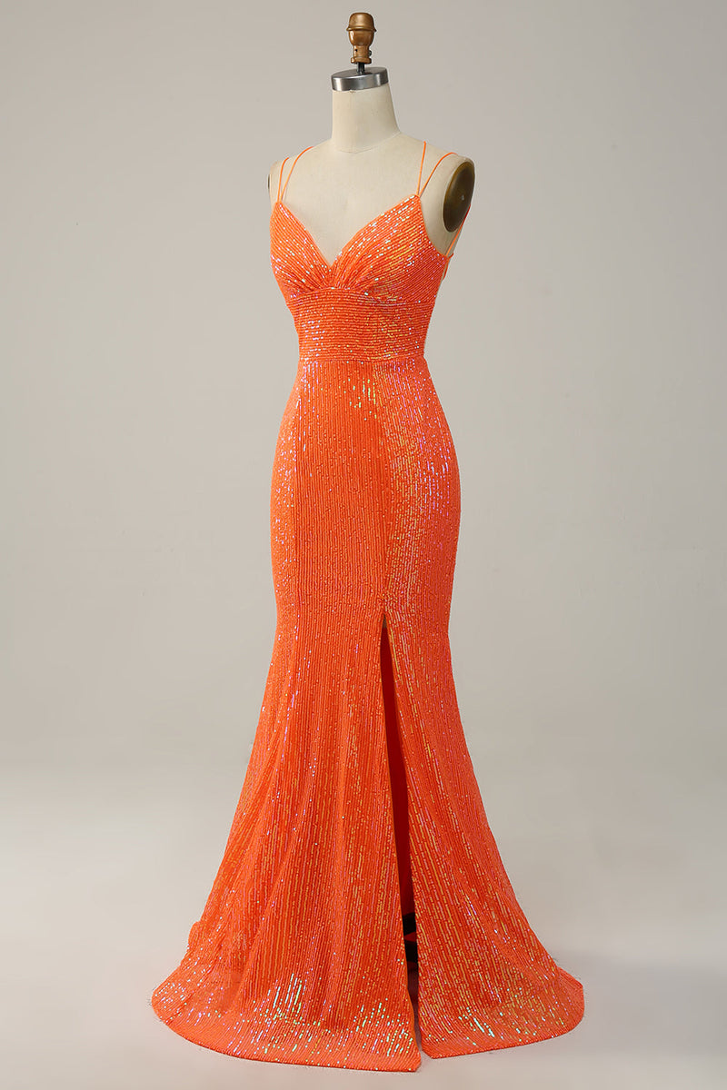 Load image into Gallery viewer, Mermaid Spaghetti Straps Orange Sequins Formal Dress with Split Front