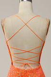 Mermaid Spaghetti Straps Orange Sequins Formal Dress with Split Front