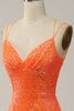 Load image into Gallery viewer, Mermaid Spaghetti Straps Orange Sequins Formal Dress with Split Front