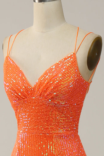 Mermaid Spaghetti Straps Orange Sequins Formal Dress with Split Front