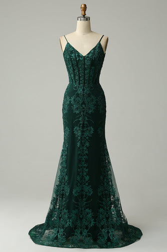 Mermaid Spaghetti Straps Peacock Green Formal Dress with Appliques