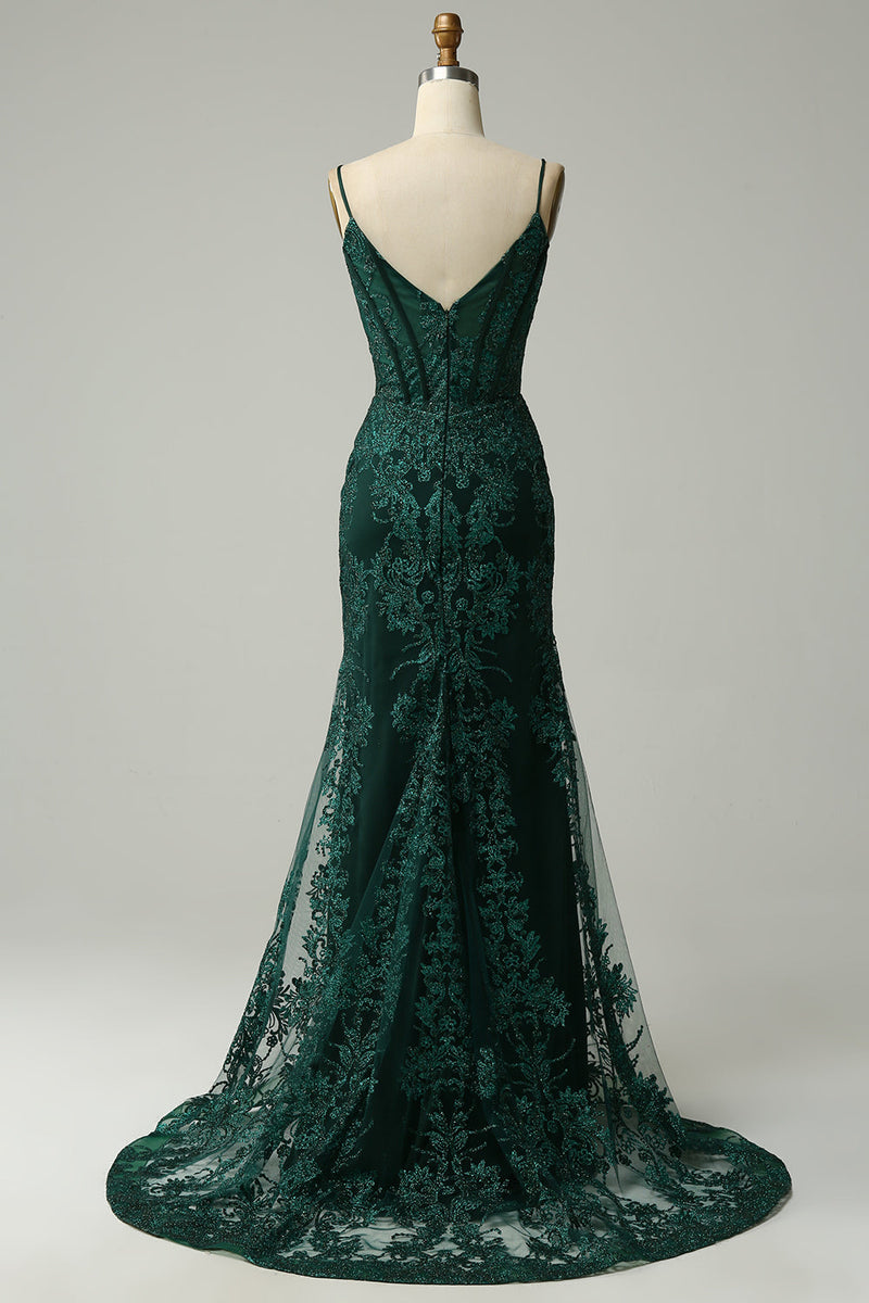Load image into Gallery viewer, Mermaid Spaghetti Straps Peacock Green Formal Dress with Appliques