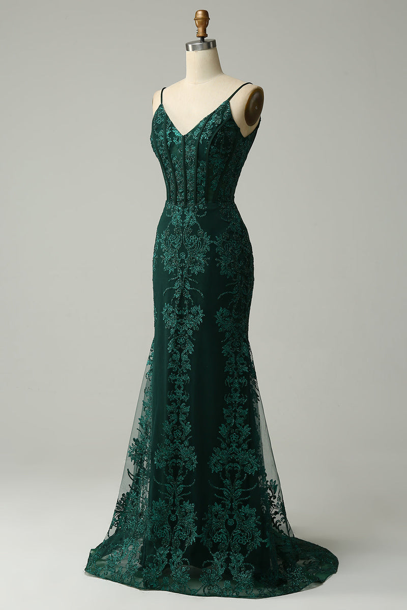 Load image into Gallery viewer, Mermaid Spaghetti Straps Peacock Green Formal Dress with Appliques