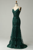 Mermaid Spaghetti Straps Peacock Green Formal Dress with Appliques