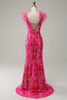 Load image into Gallery viewer, Mermaid Deep V Neck Fuchsia Sequins Long Formal Dress with Feathers