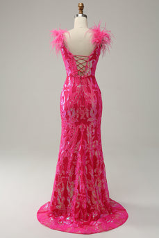 Mermaid Deep V Neck Fuchsia Sequins Long Formal Dress with Feathers