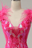 Load image into Gallery viewer, Mermaid Deep V Neck Fuchsia Sequins Long Formal Dress with Feathers