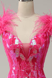 Mermaid Deep V Neck Fuchsia Sequins Long Formal Dress with Feathers