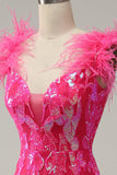 Mermaid Deep V Neck Fuchsia Sequins Long Formal Dress with Feathers