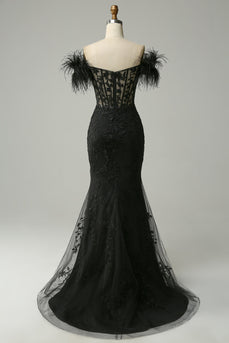 Off the Shoulder Black Mermaid Formal Dress with Feathers