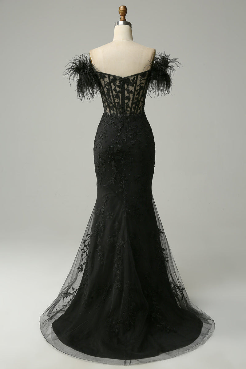 Load image into Gallery viewer, Off the Shoulder Black Mermaid Formal Dress with Feathers