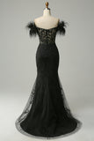 Off the Shoulder Black Mermaid Formal Dress with Feathers