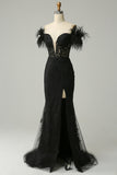 Off the Shoulder Black Mermaid Formal Dress with Feathers