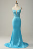 Load image into Gallery viewer, Mermaid Spaghetti Straps Blue Beaded Formal Dress