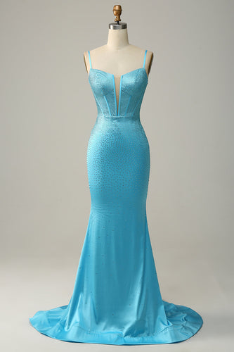 Mermaid Spaghetti Straps Blue Beaded Formal Dress