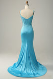 Mermaid Spaghetti Straps Blue Beaded Formal Dress