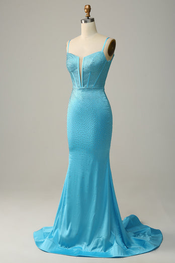 Mermaid Spaghetti Straps Blue Beaded Formal Dress